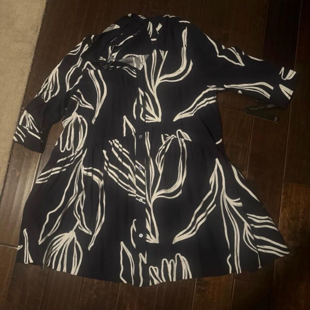 NWT Nicole Miller New York Navy Botanical Print Tiered Shirt Dress size XL.